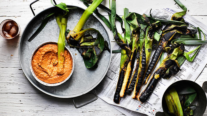 Charcoal-Grilled Leeks With Romesco Sauce